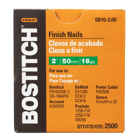 BOSTITCH Collated Finishing Nail, 2 in L, 16 ga, Coated, Round Head, Straight SB16-2.00
